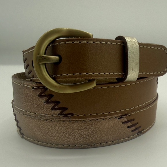 Chico's Accessories - Chicos Leather Belt Med. Patchwork Skinny Metallic Gold Bronze Brown Stitched